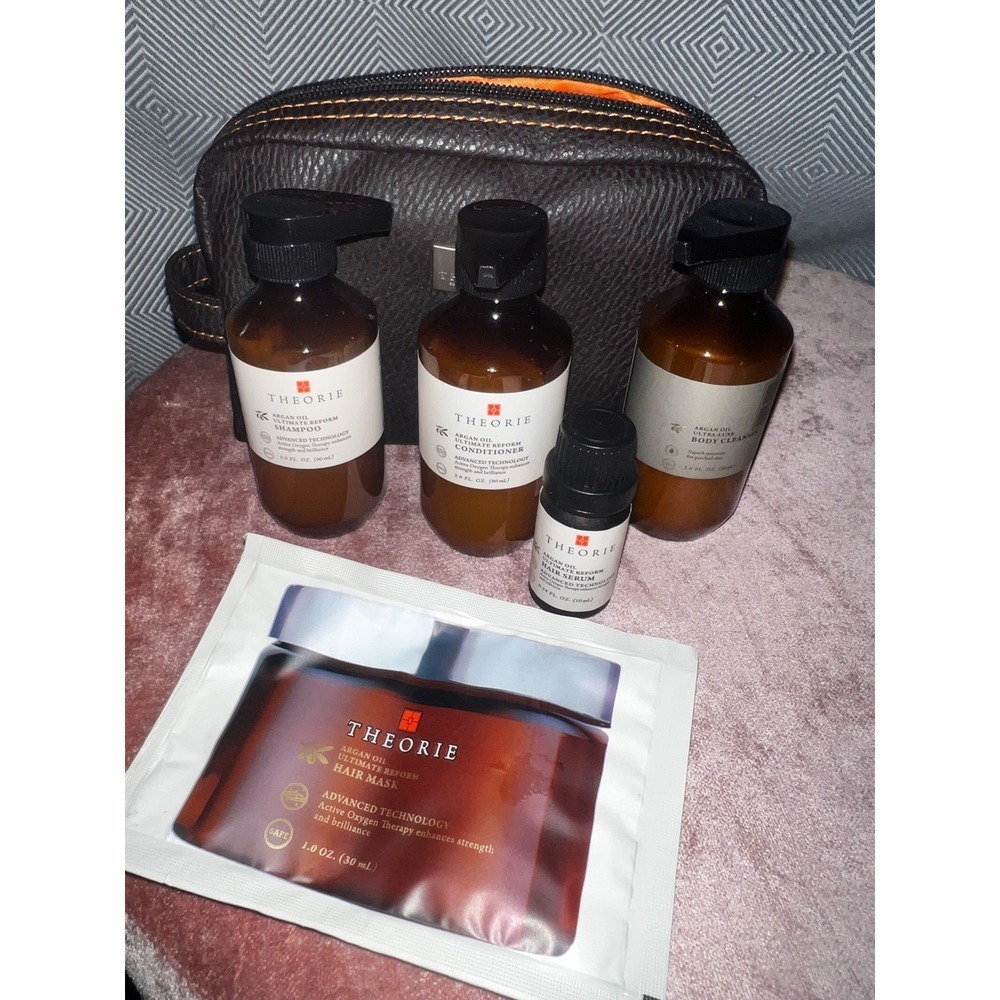 Theorie Argan Oil Ultimate Reform Travel Set Shampoo Conditioner Body Bag NEW
